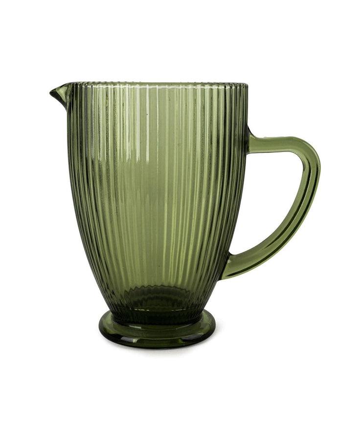 Large green ridged glass jug for kitchen and dining, featuring textured design and sturdy handle, perfect for serving beverages.