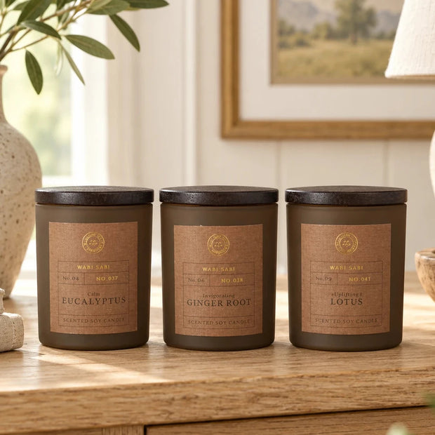Candles Gift Set — three brown candle jars with closed lids on an oak console