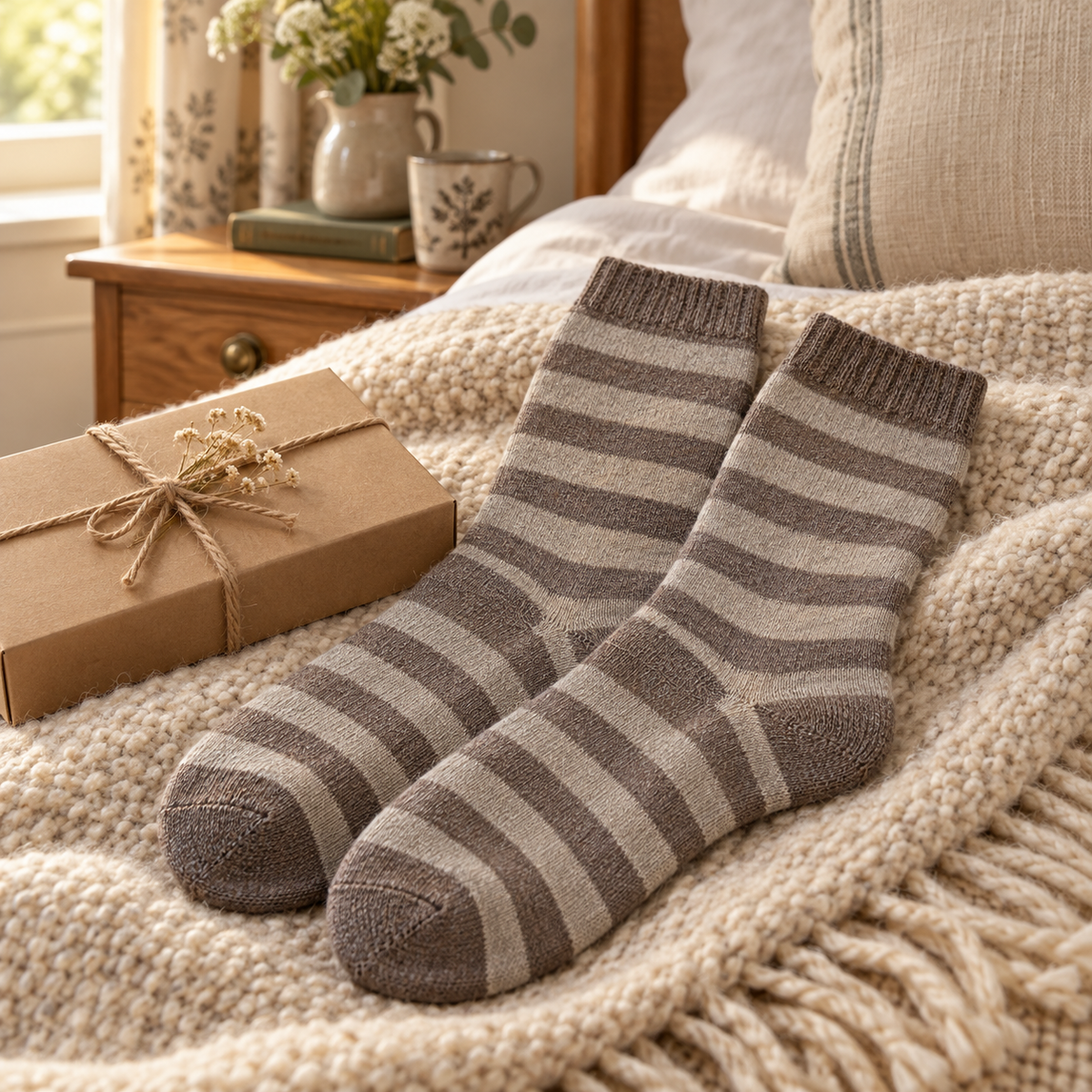 Cappuccino striped cosy socks styled on a warm bedroom throw beside a gift box