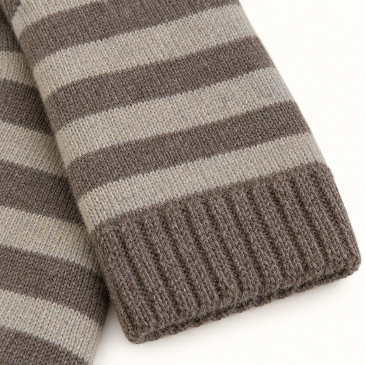 Close-up of cappuccino and taupe striped sock knit and ribbed cuff