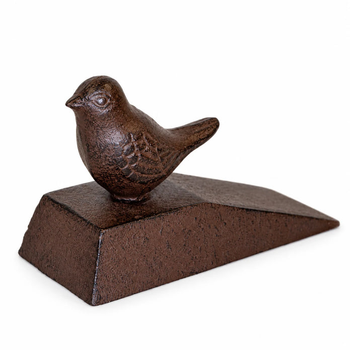 Rust-brown cast iron bird door wedge, 12cm wide, complete product on a white studio background.