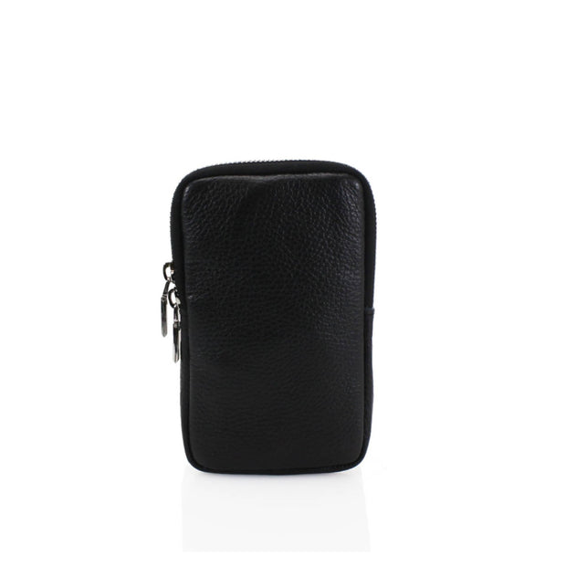 Italian Leather Phone Crossbody Bag, front view of the black zipped phone bag on white