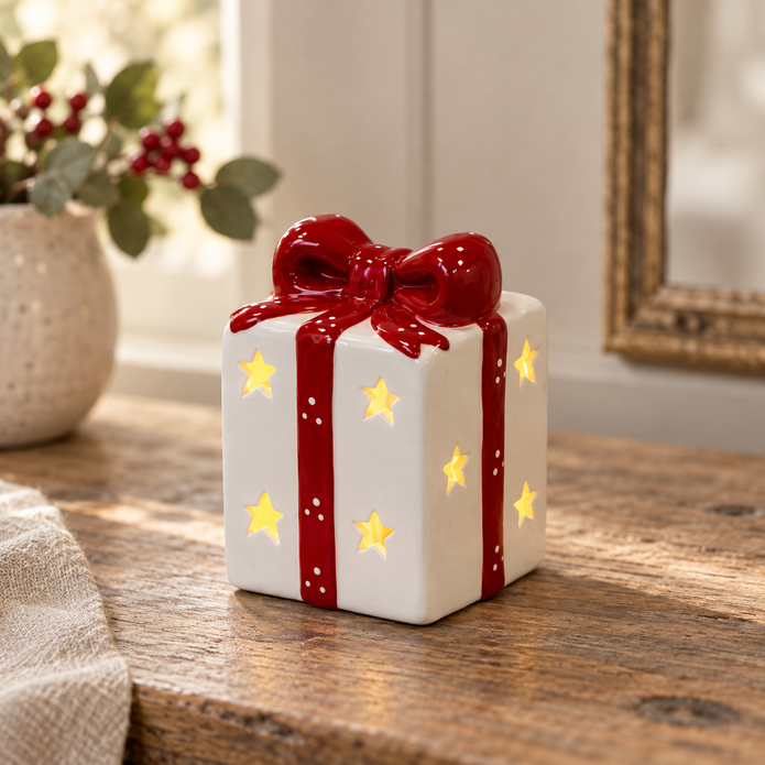 Close-up detail of White and Red LED Ceramic Present