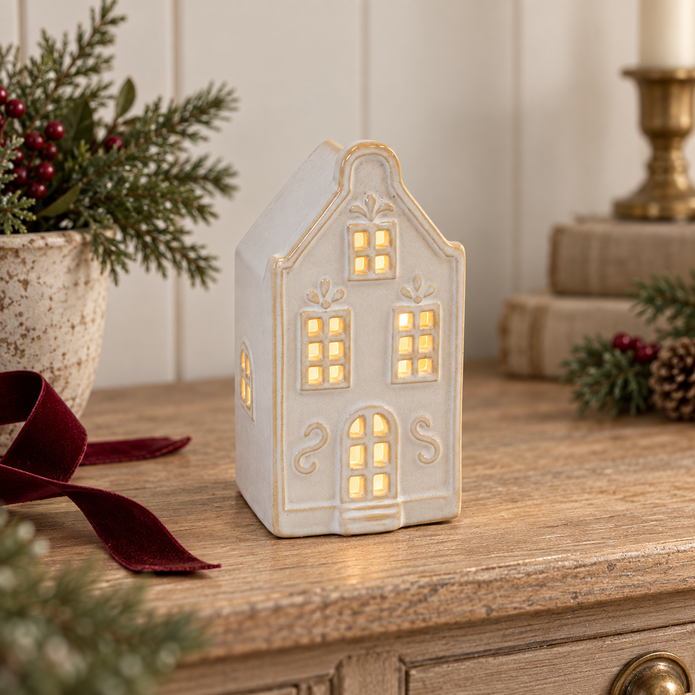 White LED Christmas Townhouse styled in a warm neutral Christmas interior