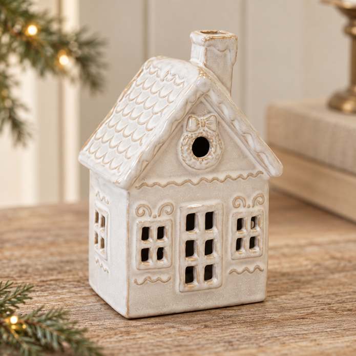 Close-up detail of Large White LED Christmas Decorated House