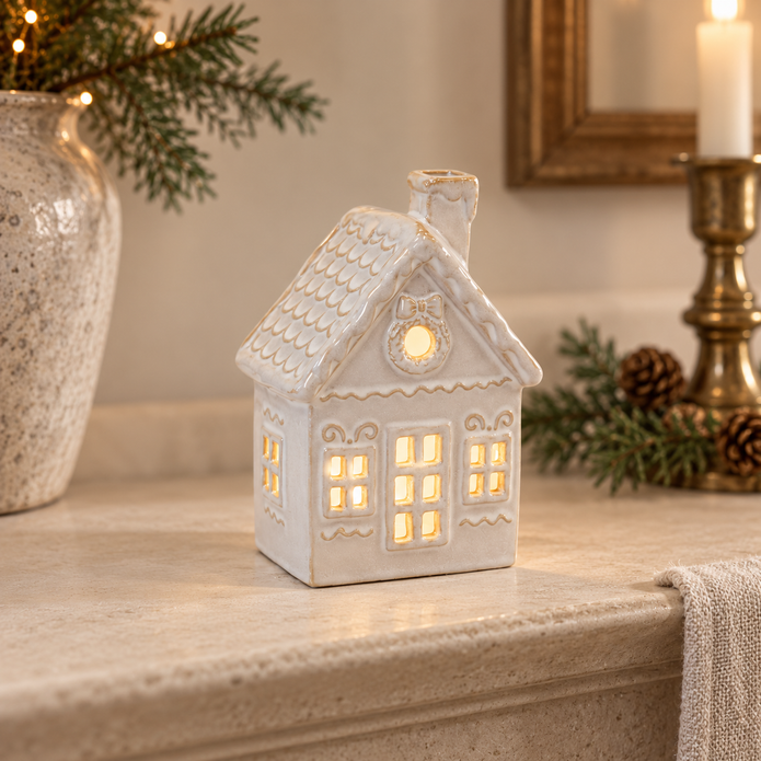 Large White LED Christmas Decorated House styled on a warm neutral mantel