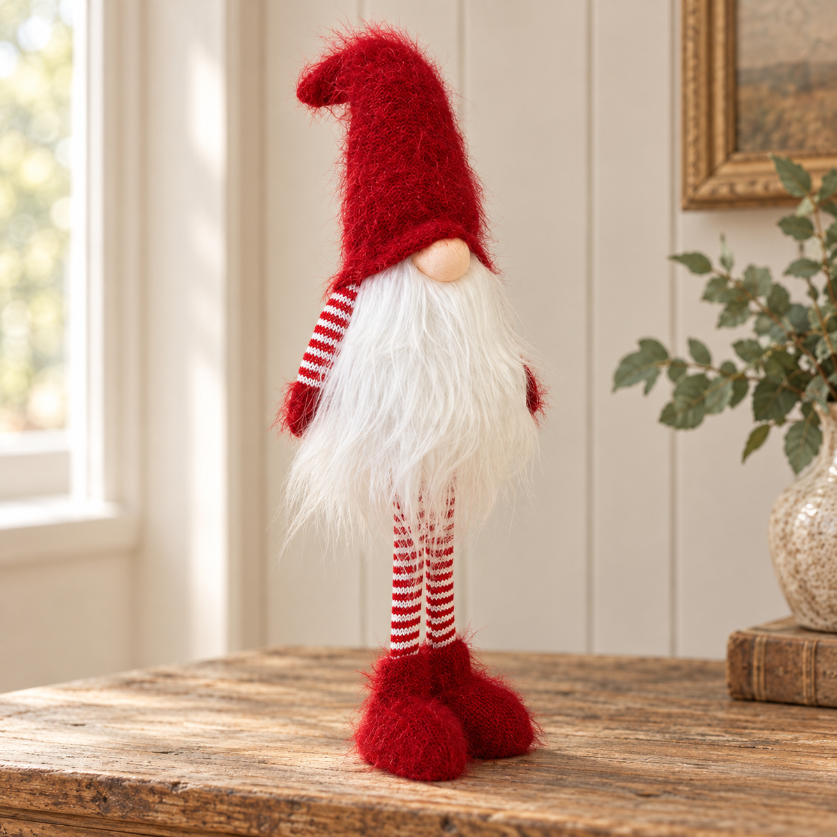 Close-up detail of Traditional Red Standing Christmas Gonk