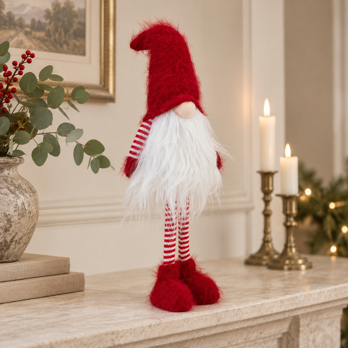 Traditional Red Standing Christmas Gonk styled in a warm neutral Christmas interior