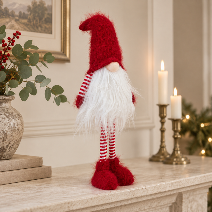 Traditional Red Standing Christmas Gonk styled in a warm neutral Christmas interior