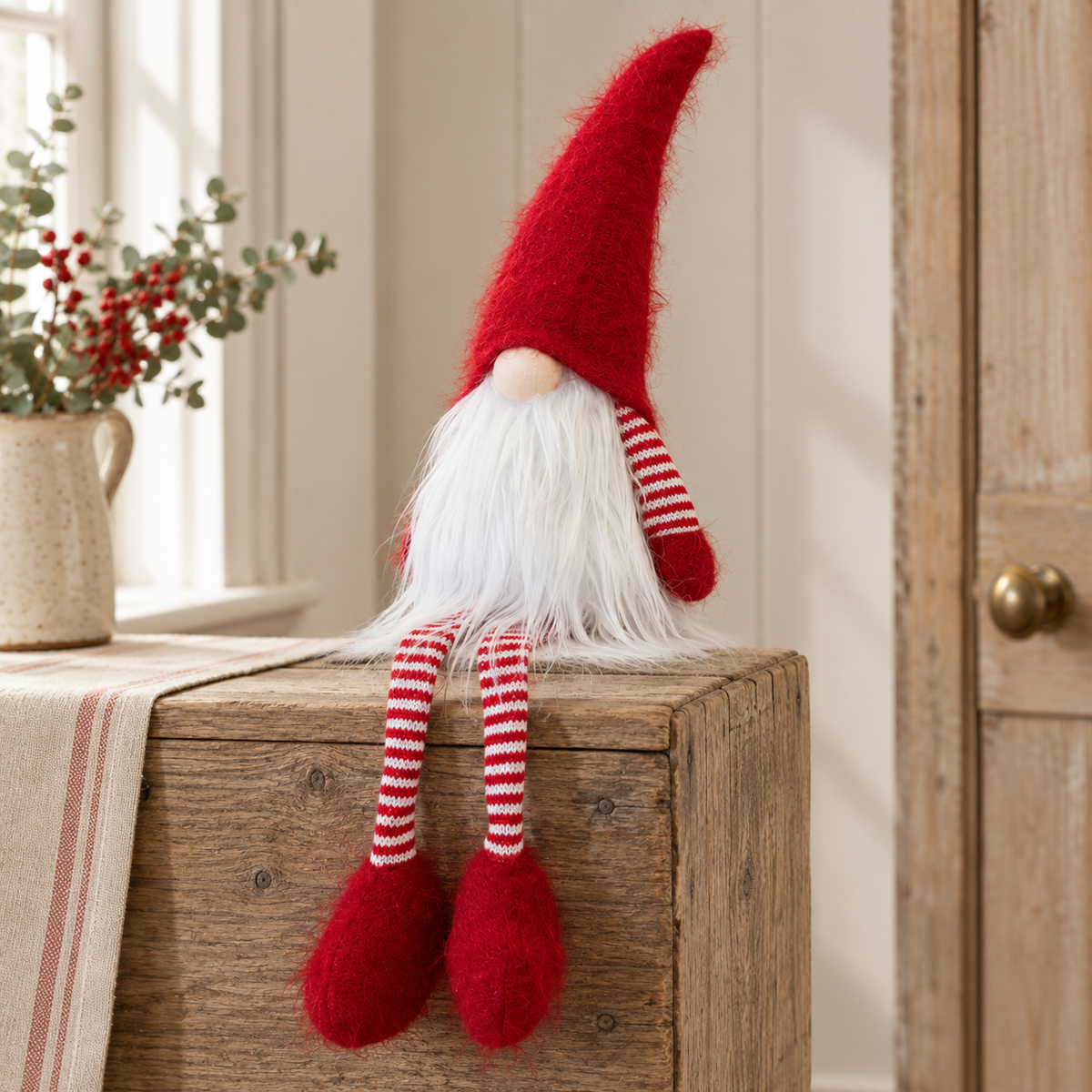 Close-up detail of Traditional Red Dangly-Leg Christmas Gonk
