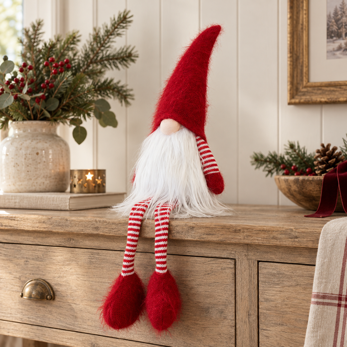 Traditional Red Dangly-Leg Christmas Gonk styled in a warm neutral Christmas interior