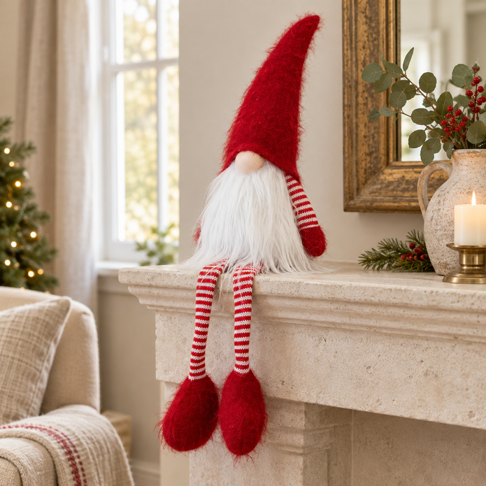 Traditional Red Dangly-Leg Christmas Gonk styled in a warm neutral Christmas interior