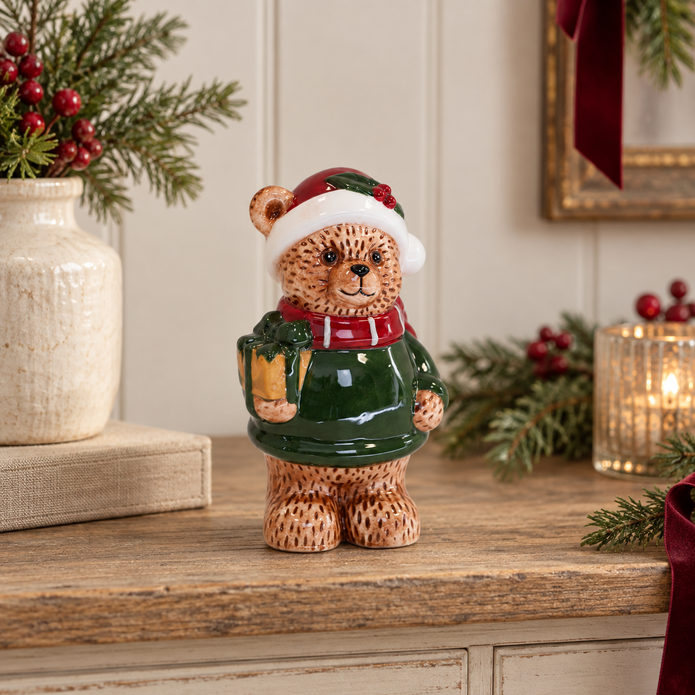 Forest Green Knit Christmas Bear styled in a warm neutral Christmas interior