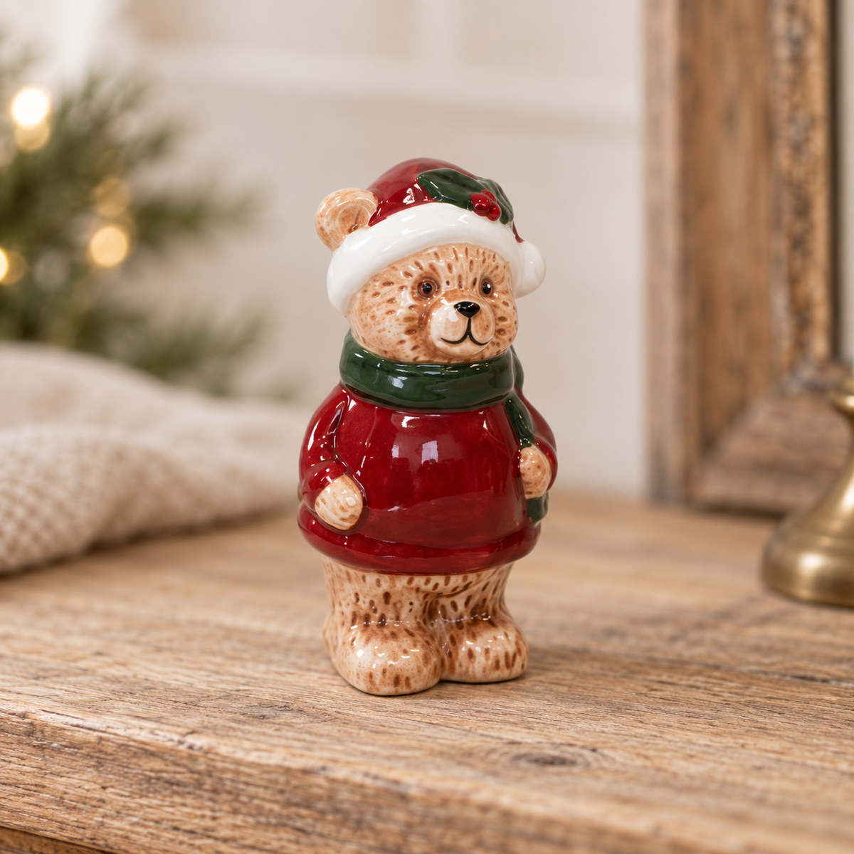 Close-up detail of Traditional Red Knit Christmas Bear