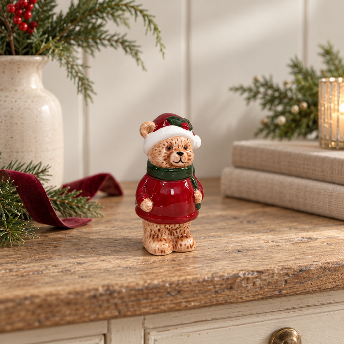 Traditional Red Knit Christmas Bear styled in a warm neutral Christmas interior