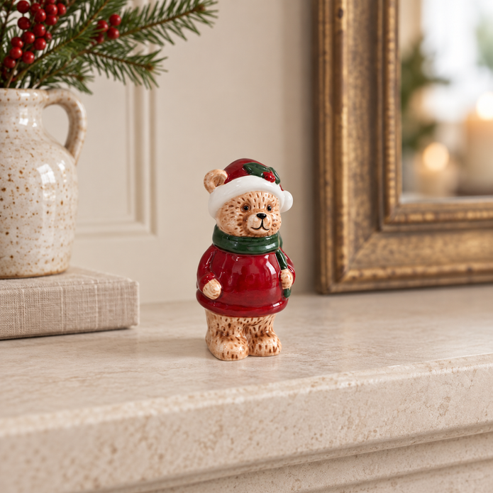 Traditional Red Knit Christmas Bear styled in a warm neutral Christmas interior