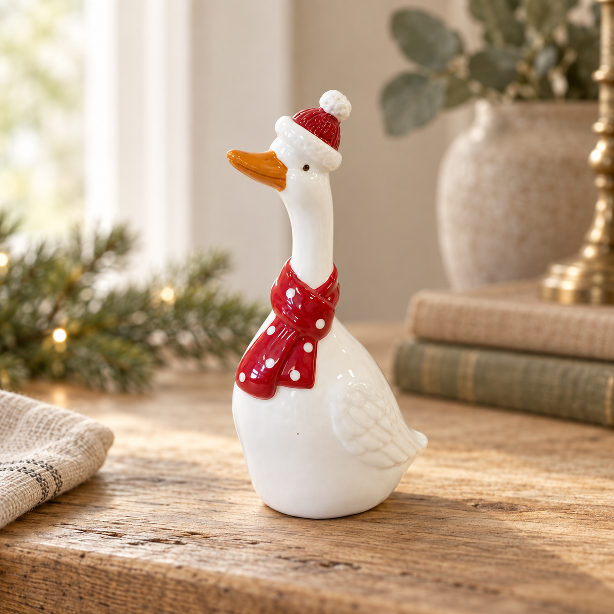 Close-up detail of Ceramic Christmas Goose With Scarf