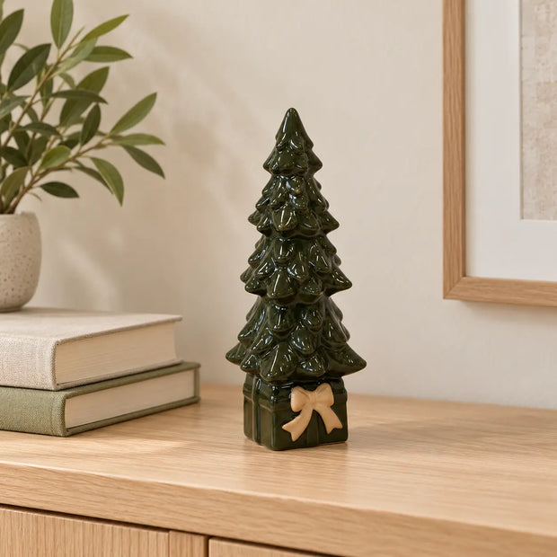 Green ceramic Christmas tree on a decorative box, holiday decoration by Satchville, ideal for festive home decor.