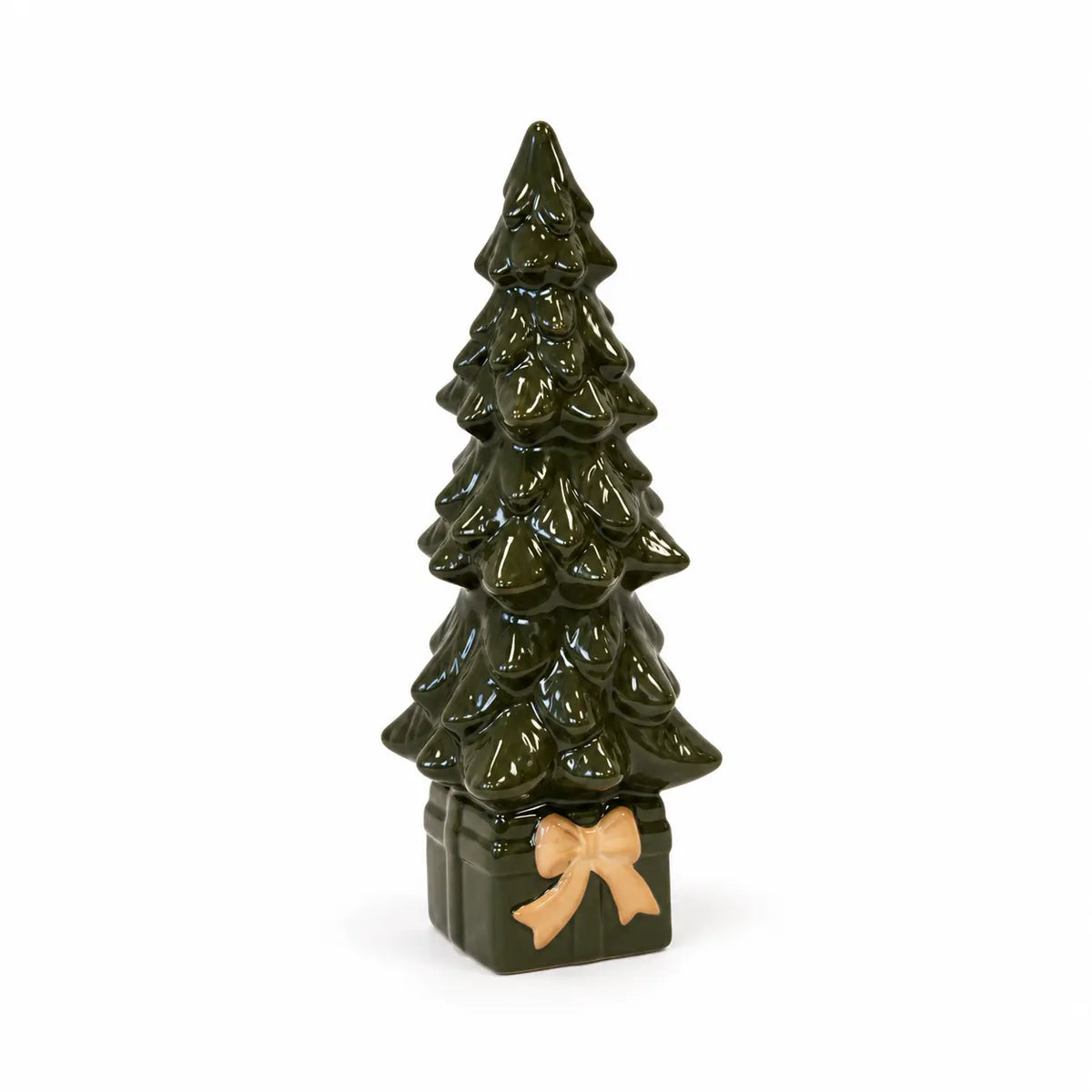 Full studio view of the 23cm green ceramic Christmas tree on box with cream bow.