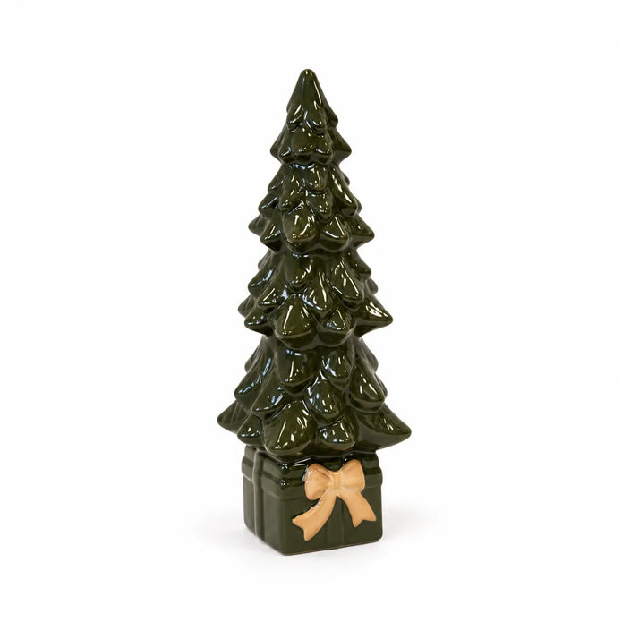 Full studio view of the 23cm green ceramic Christmas tree on box with cream bow.