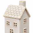 Close-up of the ceramic house's scalloped tiled roof, chimney and window cut-outs