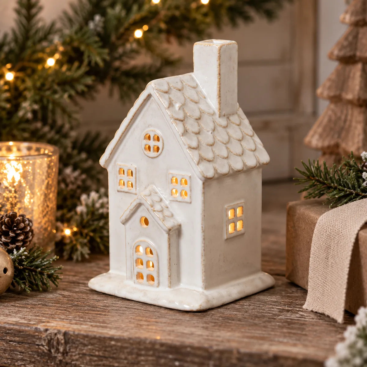 Large cream ceramic house tealight holder glowing beside Christmas greenery and pinecones