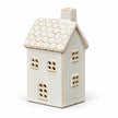 Full unlit ceramic house tealight holder on a white studio background