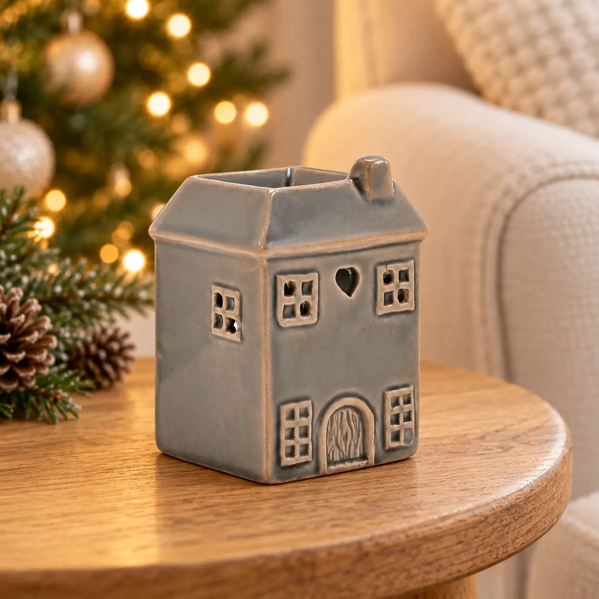 Widdop & Co grey ceramic house-shaped wax melt burner lifestyle image