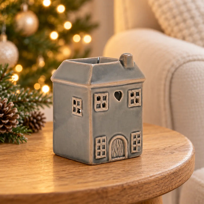 Widdop & Co grey ceramic house-shaped wax melt burner lifestyle image