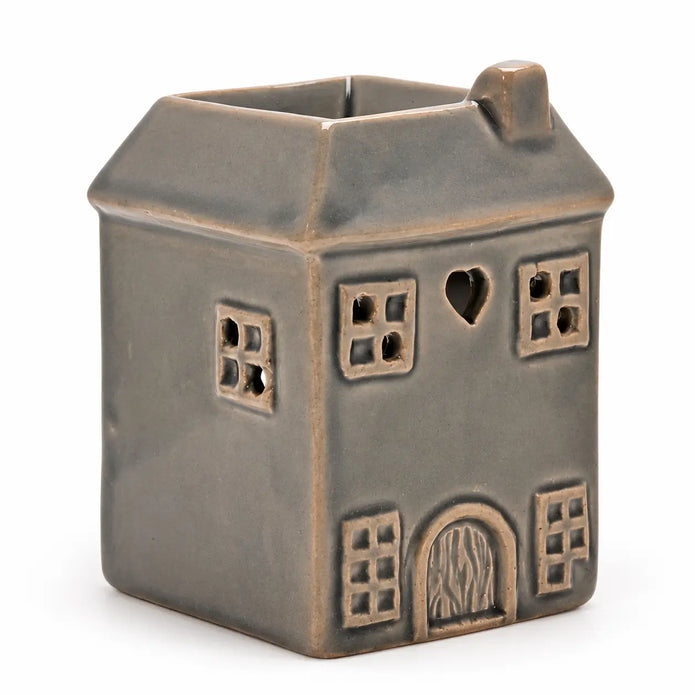 Widdop & Co grey ceramic house-shaped wax melt burner on a white studio background