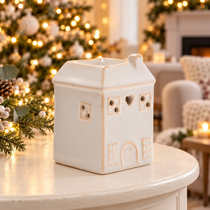 Widdop & Co white ceramic house-shaped wax melt burner in a lifestyle setting