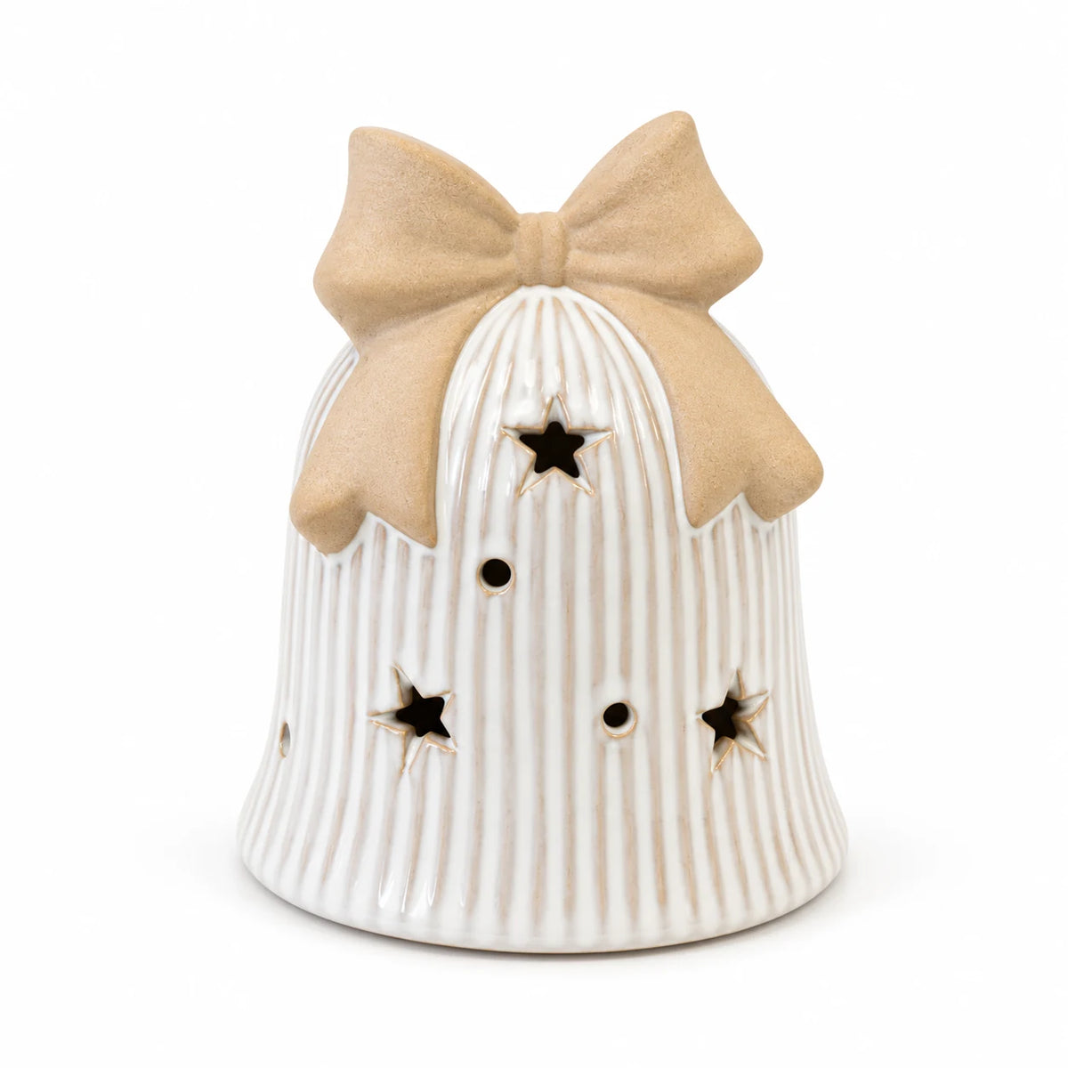 White ribbed ceramic LED Christmas bell with beige bow on a white studio background