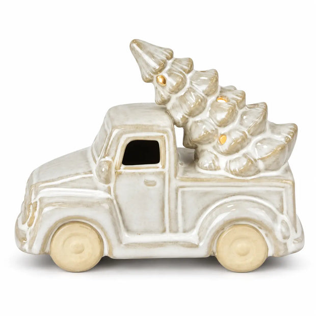 Large ceramic LED Christmas truck with tree, warm lights on, white studio background; choose size separately