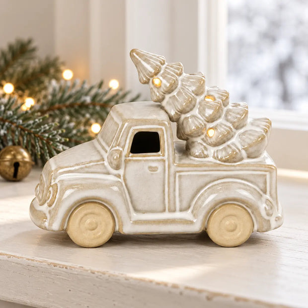 Ceramic Christmas LED truck with a Christmas tree, decorative holiday light-up truck from Satchville for festive home decor.