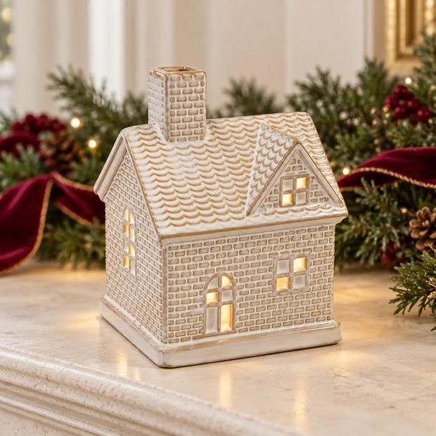 Ceramic LED cottage house illuminated on a Christmas mantel with greenery and burgundy bows