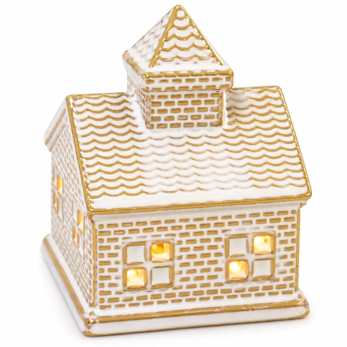 White and gold ceramic LED light up house — studio detail