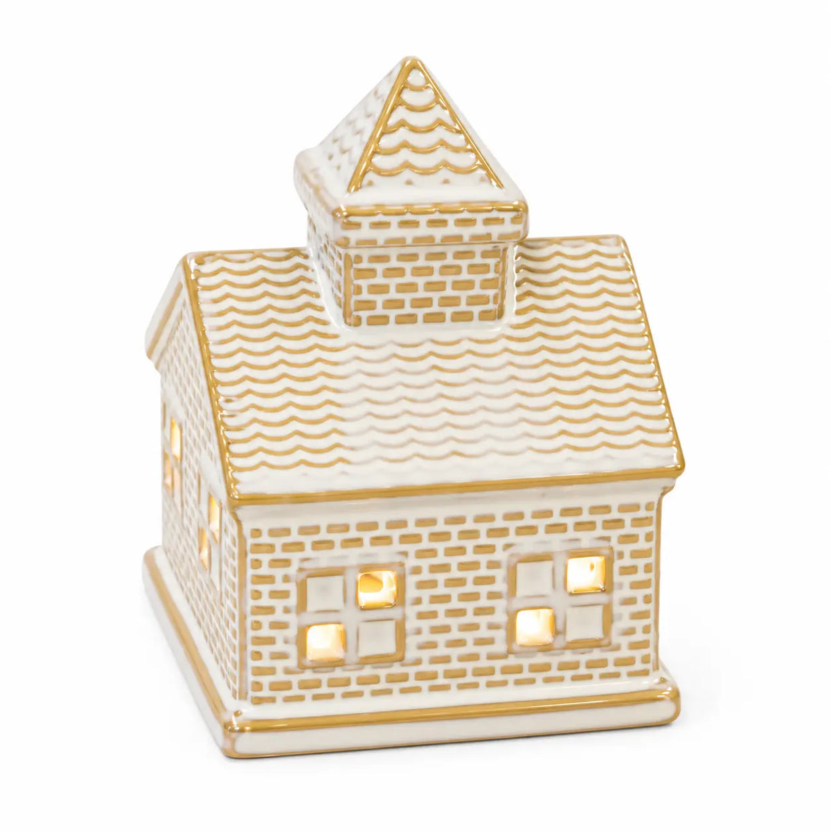 White and gold ceramic LED light up house — white studio lit