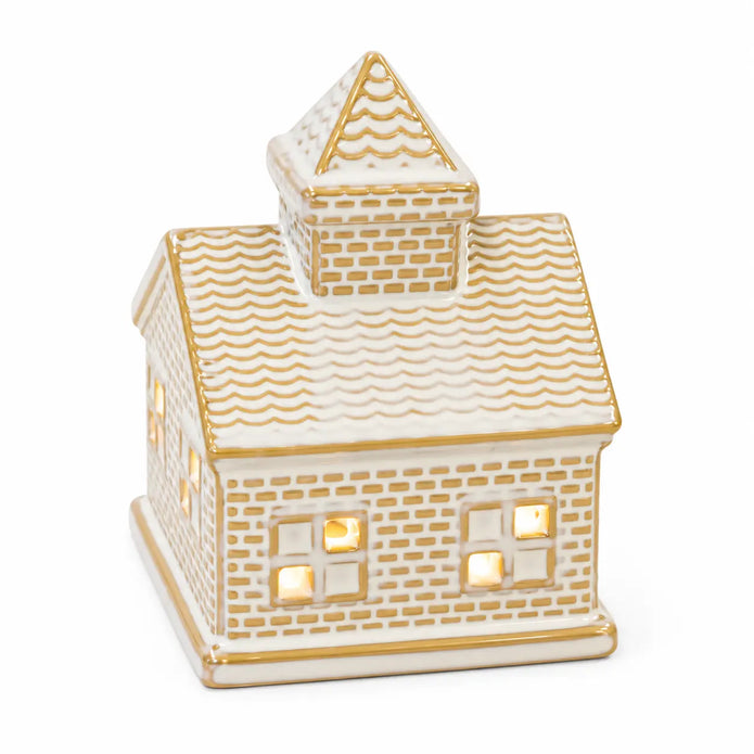 White and gold ceramic LED light up house — white studio lit
