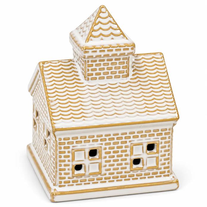 White and gold ceramic LED light up house — white studio unlit