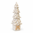 Full white studio view of the large ivory ceramic Christmas tree on its beige-bow gift-box base.