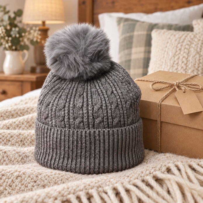 Charcoal cable knit bobble hat styled in a warm bedroom beside a gift box