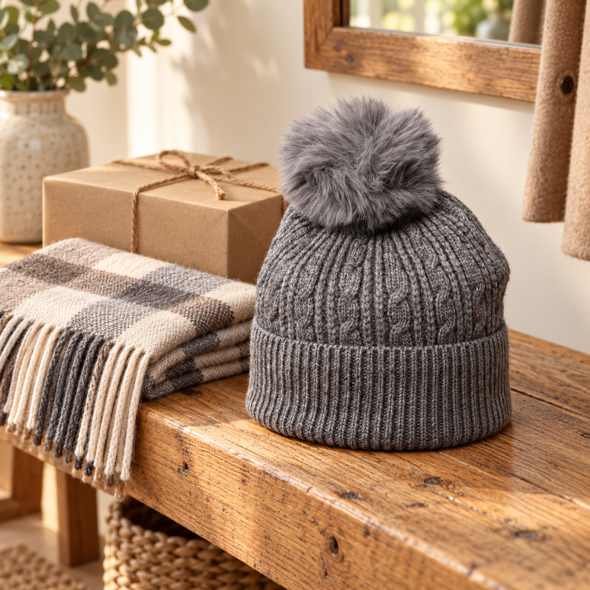 Charcoal cable knit bobble hat displayed on a rustic oak bench