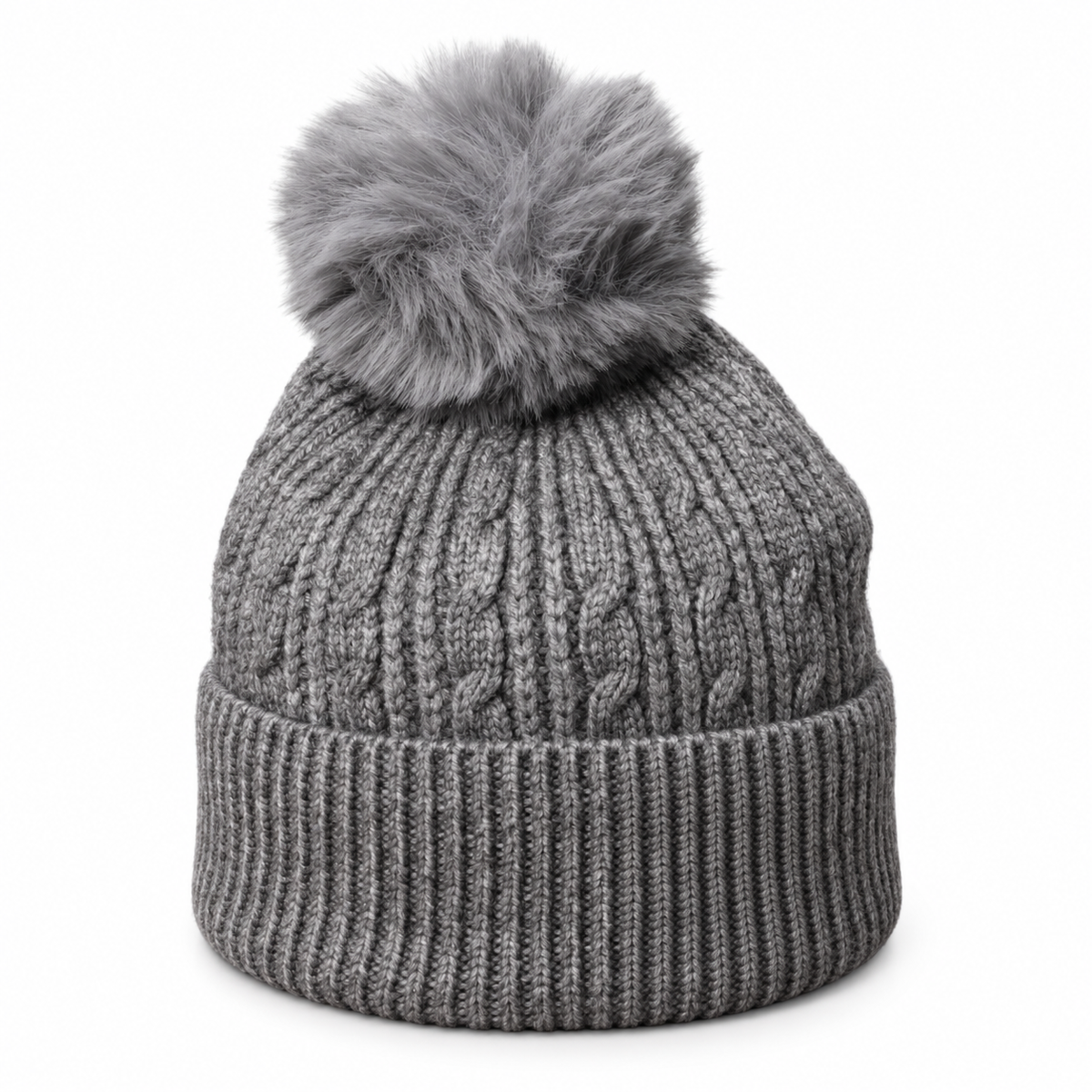 Charcoal cable knit bobble hat with faux-fur pom pom on white