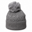 Charcoal cable knit bobble hat with faux-fur pom pom on white