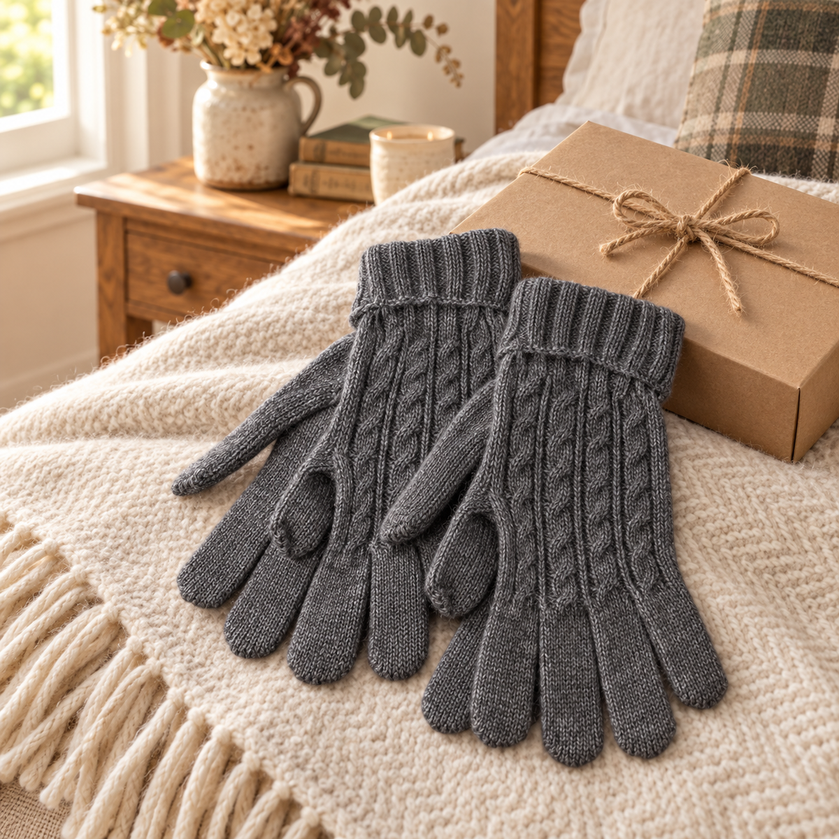 Charcoal cable knit gloves styled on a soft bedroom throw beside a gift box