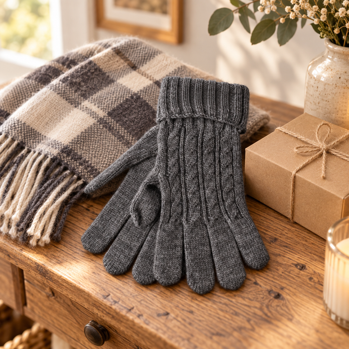 Charcoal cable knit gloves arranged on a rustic oak console
