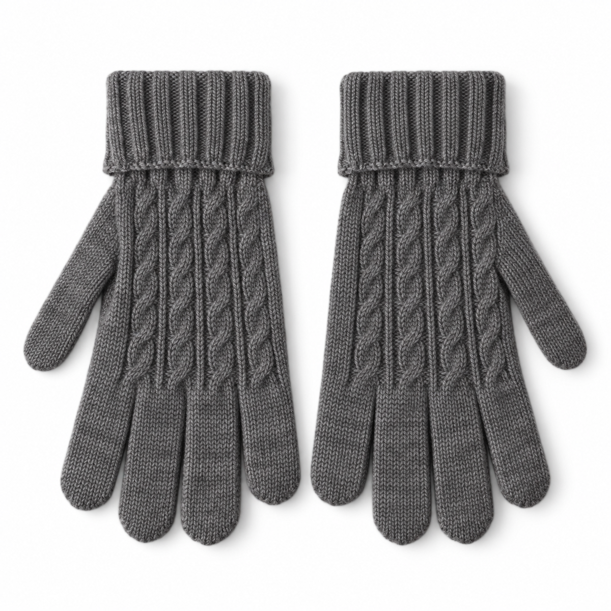Pair of charcoal cable knit full-finger gloves on a white background