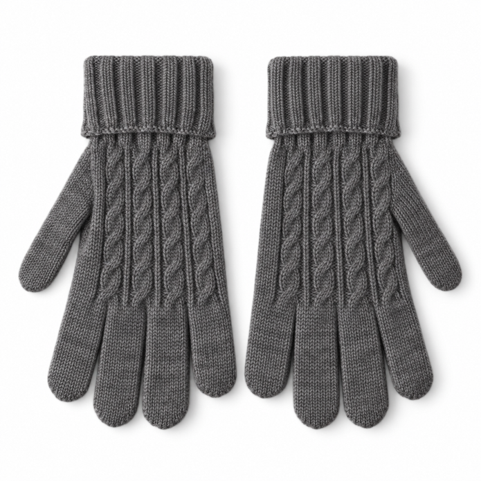 Pair of charcoal cable knit full-finger gloves on a white background