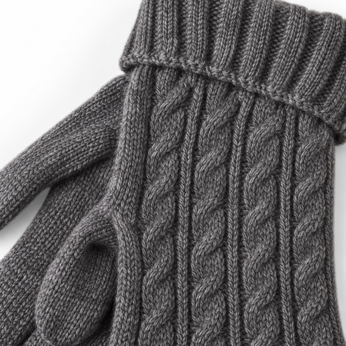 Close-up of charcoal glove cable knit and ribbed cuff texture