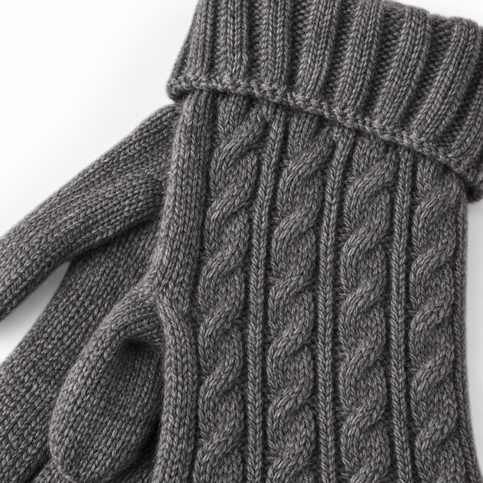 Close-up of charcoal glove cable knit and ribbed cuff texture